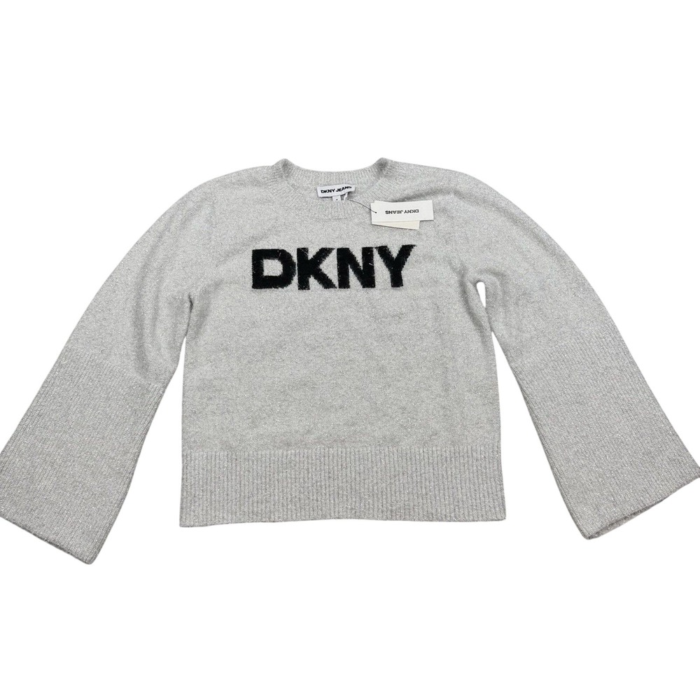 DKNY Sweater Women's Medium Grey Crew Pullover Long Sleeve Holiday Festive